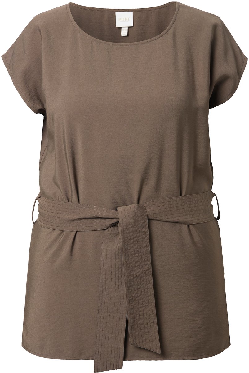 Ulla Popken - Dames - Tuniek strikceintuur boxy ronde hals korte mouwen - Donkergrijs - Maat 50+
