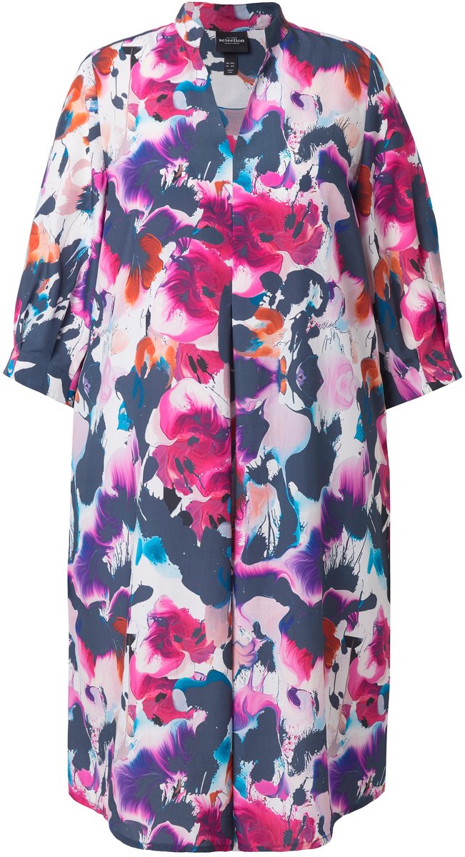 Ulla Popken Dames - Midi-jurk lyocell aquarel A-lijn V-hals 3/4-mouwen - Sneeuwwit - Maat 42+