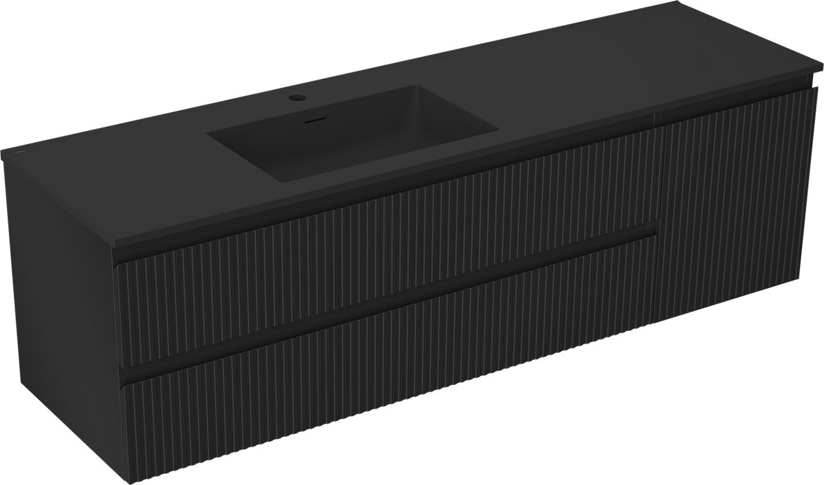 Mexen Rivel badkamerkast 160 cm met Otis wastafel links, 2S, 1D, geribbeld, zwart mat - 91A23-16047-3-BBFFF71-W18L71