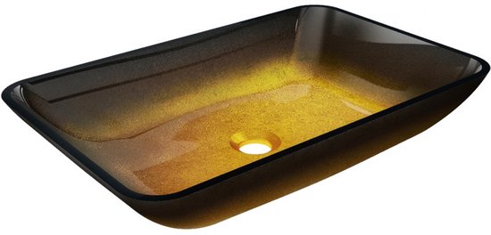 Rechthoekige donker gouden glazen wastafel, van opzij gezien.