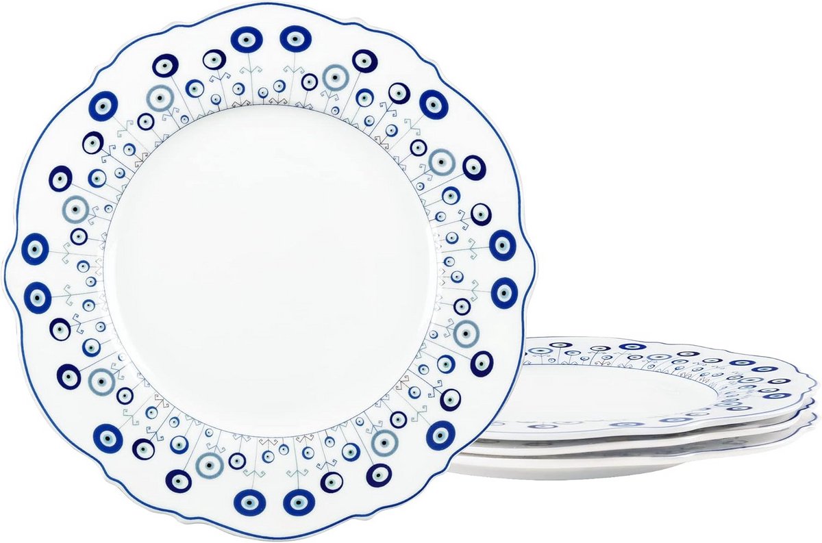 4-delige eetbordenset van echt porselein Ø 205 mm, Turkse blauwe ogen, boze oog patroon, voor pasta, salades en desserts, magnetron- en vaatwasmachinebestendig