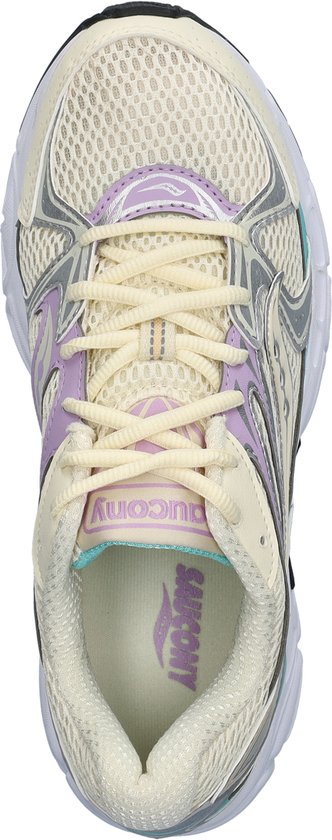 Crèmekleurige Saucony sneakers met paarse en zilveren accenten. Vetersluiting met crèmekleurige veters.