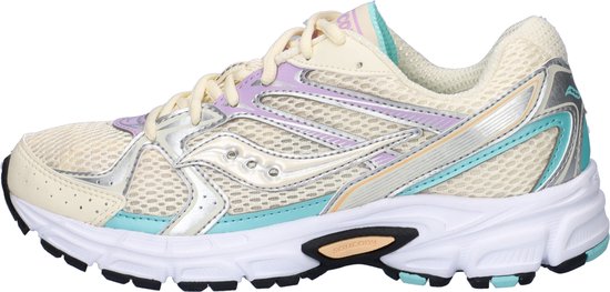 Crèmekleurige Saucony sneaker met paarse, zilveren en turkooise accenten. Sportief ontwerp met mesh.