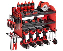 VEVOR Tool Storage Wall Mount, 3-laags opbergrek met 4 boorhouders, gereedschapshouder met zijvakken, gereedschapsorganizer voor garage, werkbank en werkplaats, rood