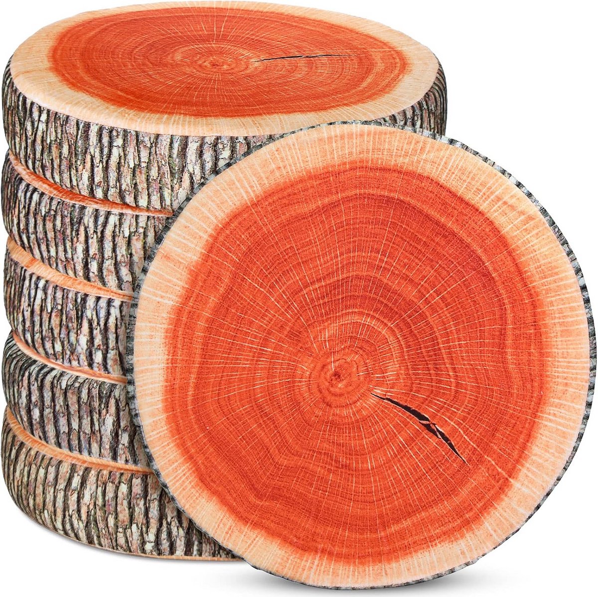 Set van 6 Ronde Vloerkussens met Houtslice Print - Comfortabel Zit- en Sierkussen