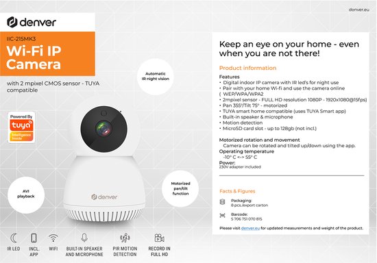 Denver Beveiligingscamera Indoor - Huisdiercamera - Camera met Nachtzicht - Tuya App - WiFi - Full HD - 1080P - Bewegingsdetectie - IIC215MK2- Wit van Denver — afbeelding 3