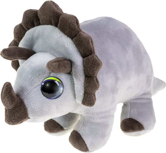 Grijze triceratops knuffel met grote blauwe ogen en bruine accenten.