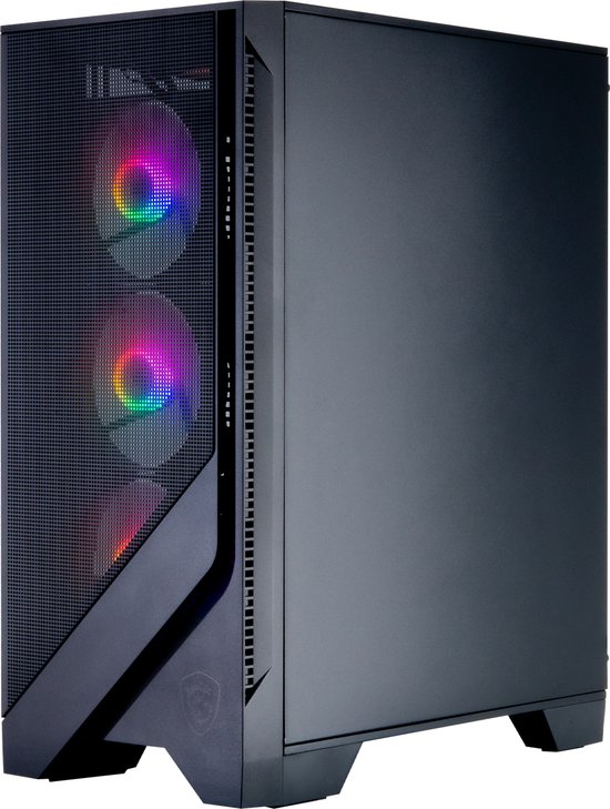 Zwarte MSI MAG Forge 120R Airflow gaming pc-behuizing, voorkant met rgb-ventilatoren en effen zijkant.