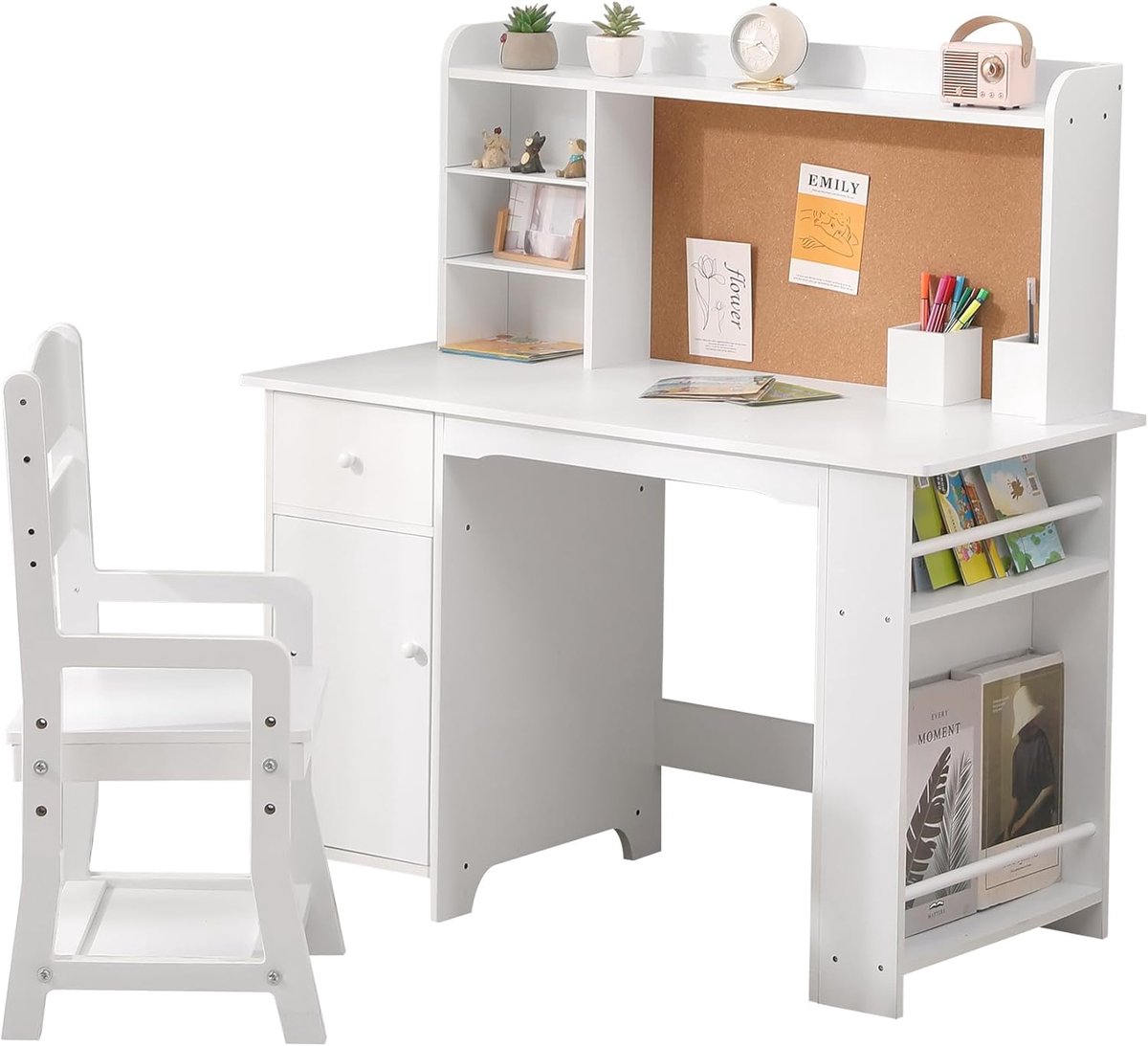 Kinderbureau en Stoel met Opbergruimte - Houten Kindertafel met Etagère, Prikbord & Lade - Verstelbare Kinderstoel - Studiehoek Kinderkamer - 97x46x101cm - wit