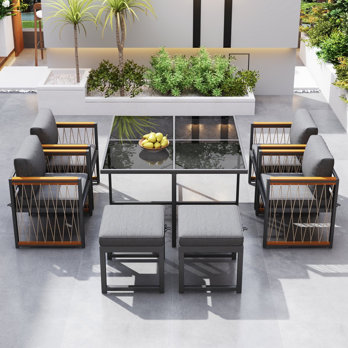 7-delige eettafel- en stoelenset voor buiten voor 6 personen, tafel van gehard glas, handgeleuningplaat van acaciahout, geschikt voor maaltijden in achtertuin, terras