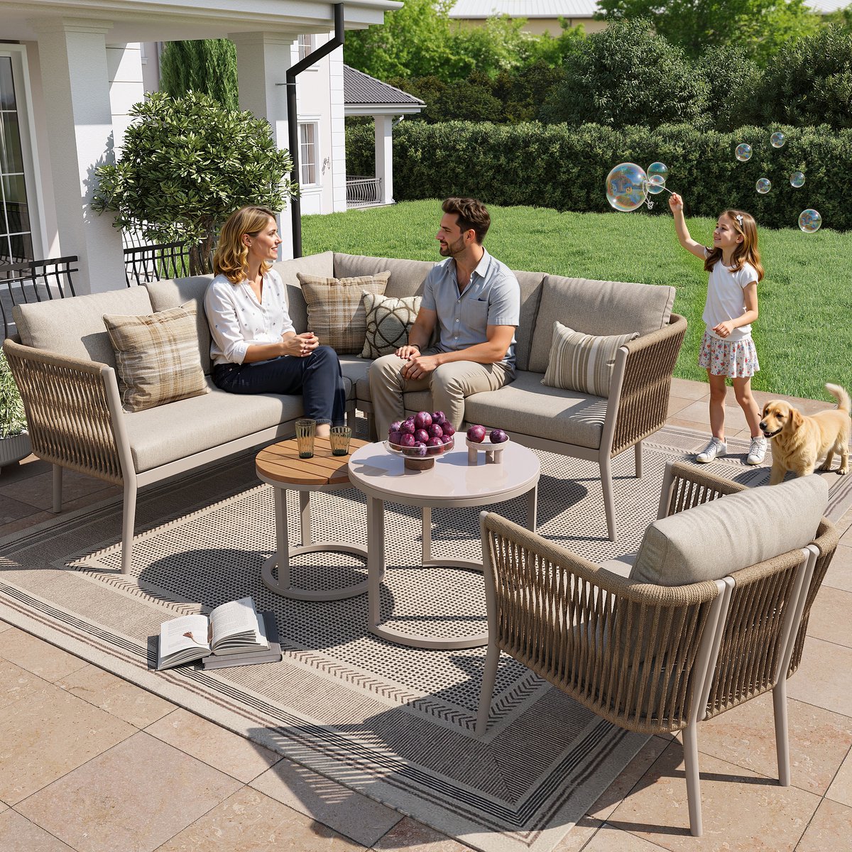 Tuinloungeset voor 5-6 personen, groot buitensofa-set, 6-delige PE-rotan zitset met waterbestendige zitbank en kussenset, modulaire hoekbank-set voor terras balkon, beige