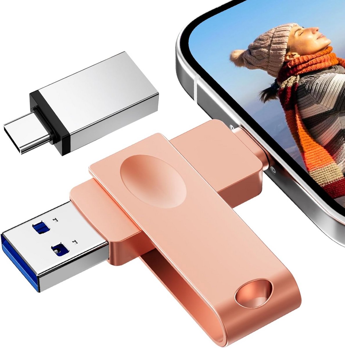 Universele 3-in-1 USB Stick 64 GB met Type C adapter voor Telefoon, Tablet en PC