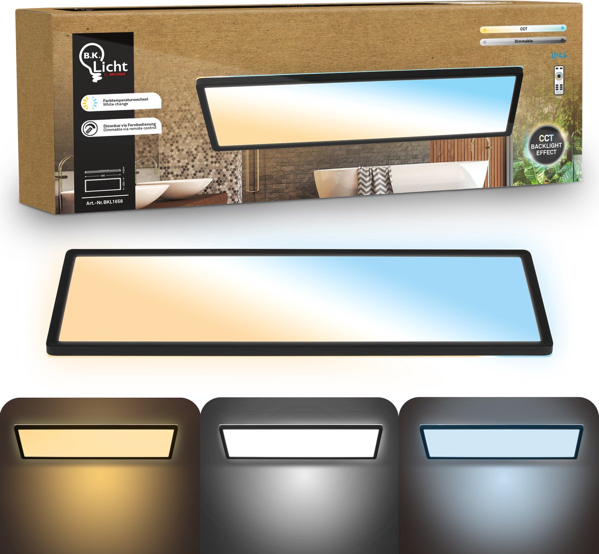 B.K.Licht Shallow - Dimbaar Badkamerlamp Plafonniere - plafondlamp met afstandsbediening - badkamerverlichting met CCT - IP44 - 58 x 20 cm - zwart