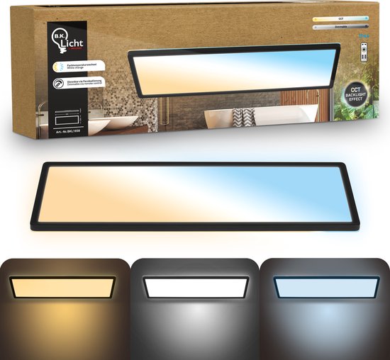 B.K.Licht - Plafonnier de salle de bain dimmable - plafonnier avec télécommande - éclairage de salle de bain avec CCT - IP44 - 58 x 20 cm - noir
