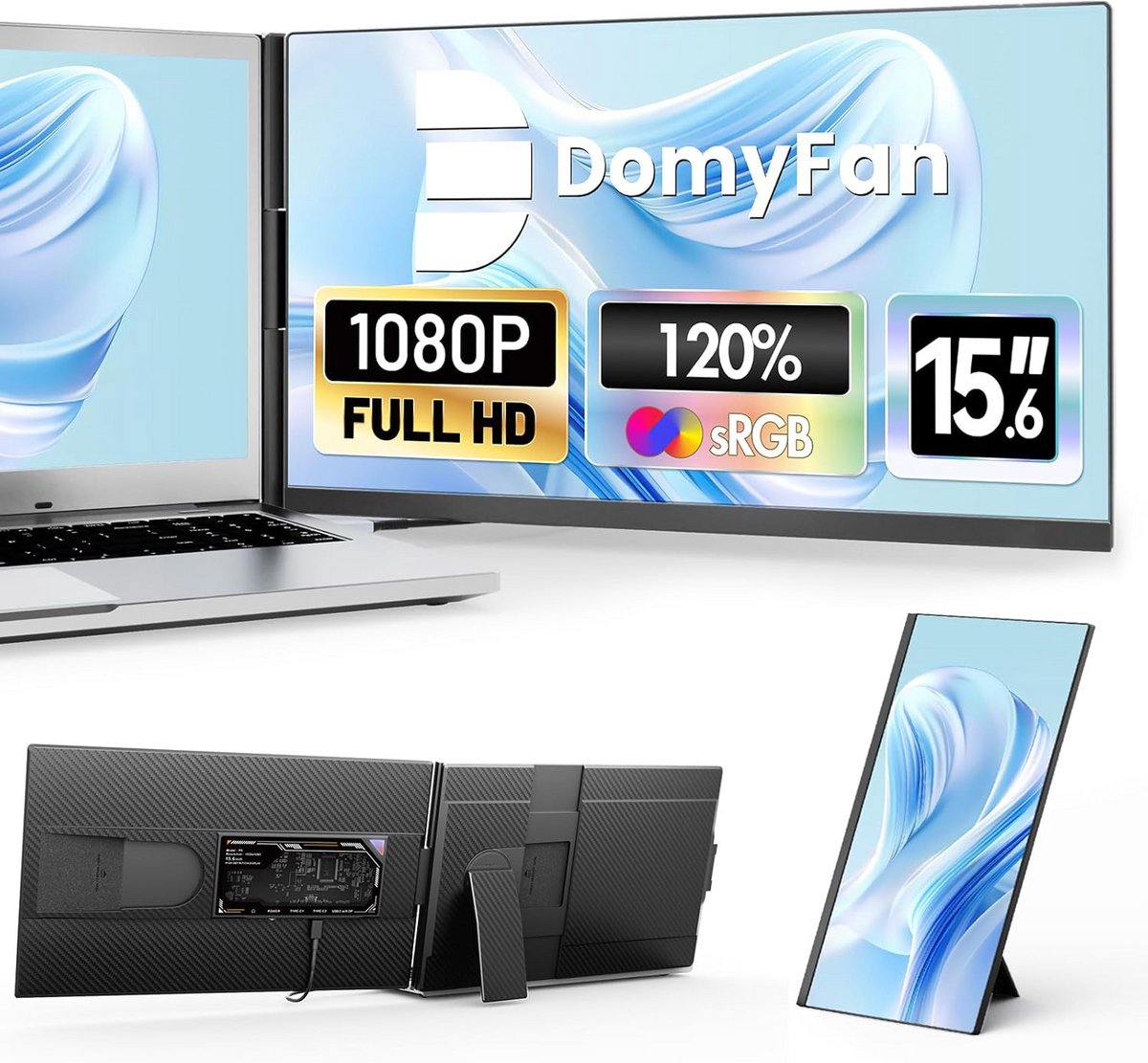 15,6-inch Draagbare Externe Laptop Monitor 1080p FHD IPS Scherm - 120% sRGB - HDMI, USB-A & Type-C Aansluiting - Plug & Play voor Windows, Mac & Android