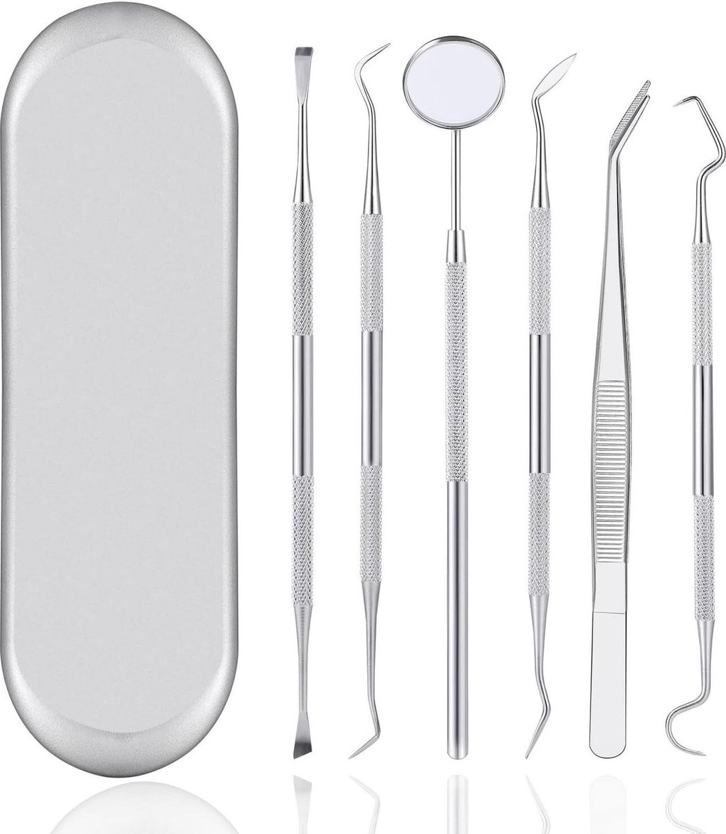Deze 6-delige tandverzorgingsset bevat tandheelkundige instrumenten, hulpmiddelen, een tandspiegel, een pincet, sondes en een plaqueverwijderaar. De set is gemaakt van roestvrij staal en wordt geleverd in een doos.