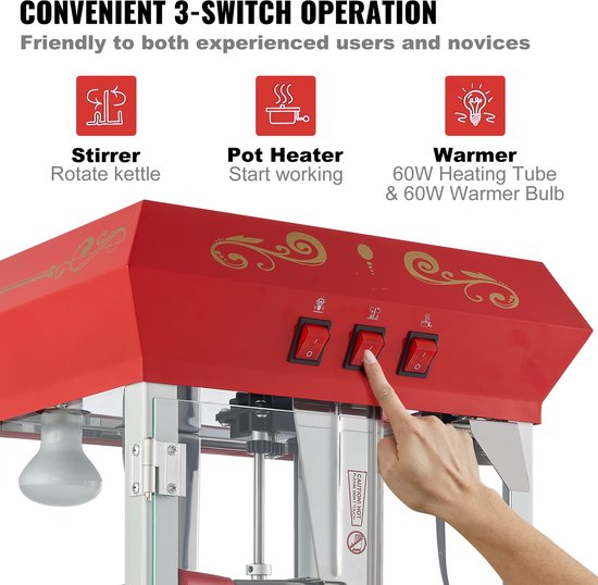 VEVOR Popcornmachine Popcornmachine Popcornmachine met Trolley 850W Popcorn 8oz Rood — afbeelding 4