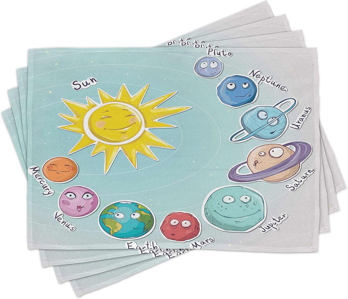 Set van 4 Wasbare Stoffen Placemats met Zonnestelsel en Planeten Print