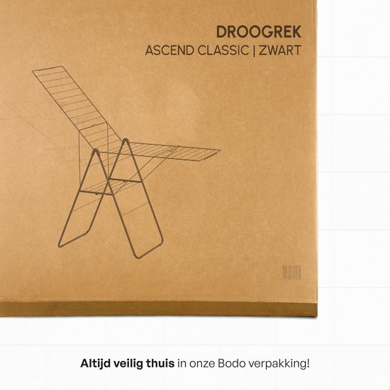 Verpakking van karton met een afbeelding van een zwart droogrek, met de tekst 'DROOGREK ASCEND CLASSIC | ZWART'.