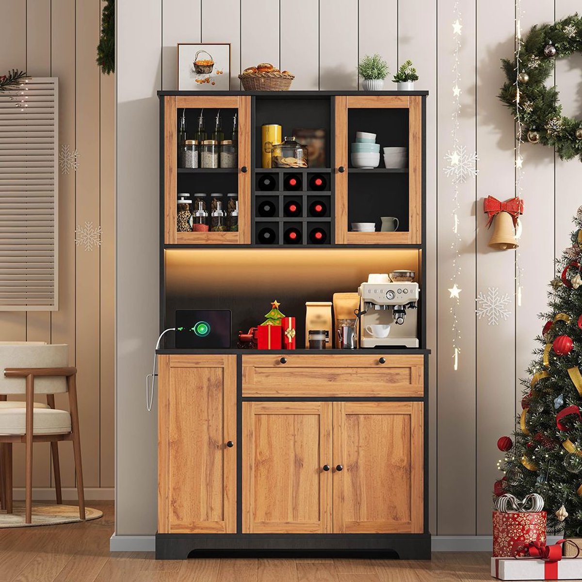 KOMHTOM Keukenkast, hoge kast, opbergkast, vitrinekast met deur, geïntegreerd kruidenrek, verstelbare planken, LED-verlichting met kleurwisseling en stopcontact, 180 × 105 × 40 cm