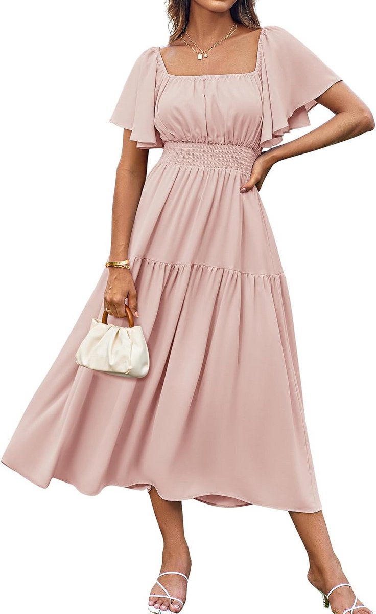 Elegante Lange Zomerjurk Dames met Pofmouwen en Vierkante Hals - A-lijn Figuuraccentuerend