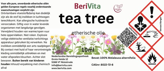 Label BeriVita tea tree etherische olie, 10ml, met waarschuwingssymbolen en bloemenillustratie.