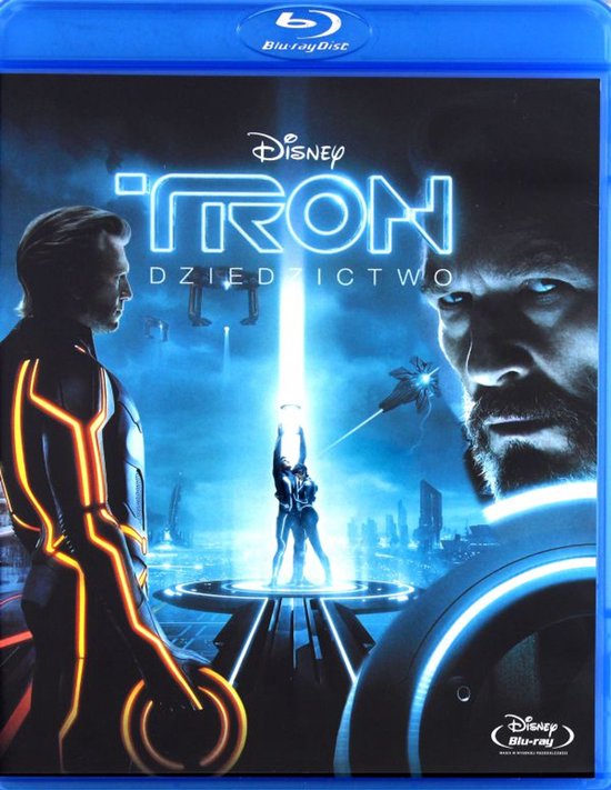 Voorkant Blu-ray hoes van Tron: Legacy. Met de poster van de film, twee mannen en een lichtstraal in het midden.