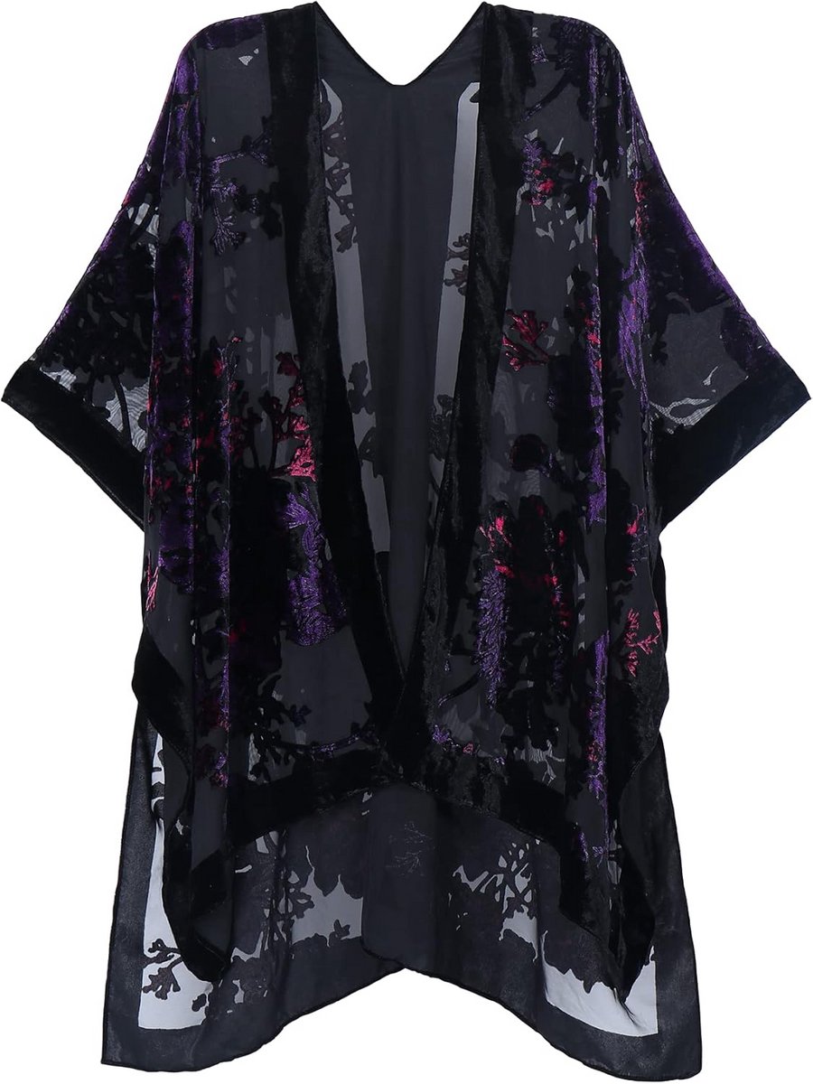 Lange Fluweel Kimono Vest Dames met Pompons - Boho Chic Overgooier