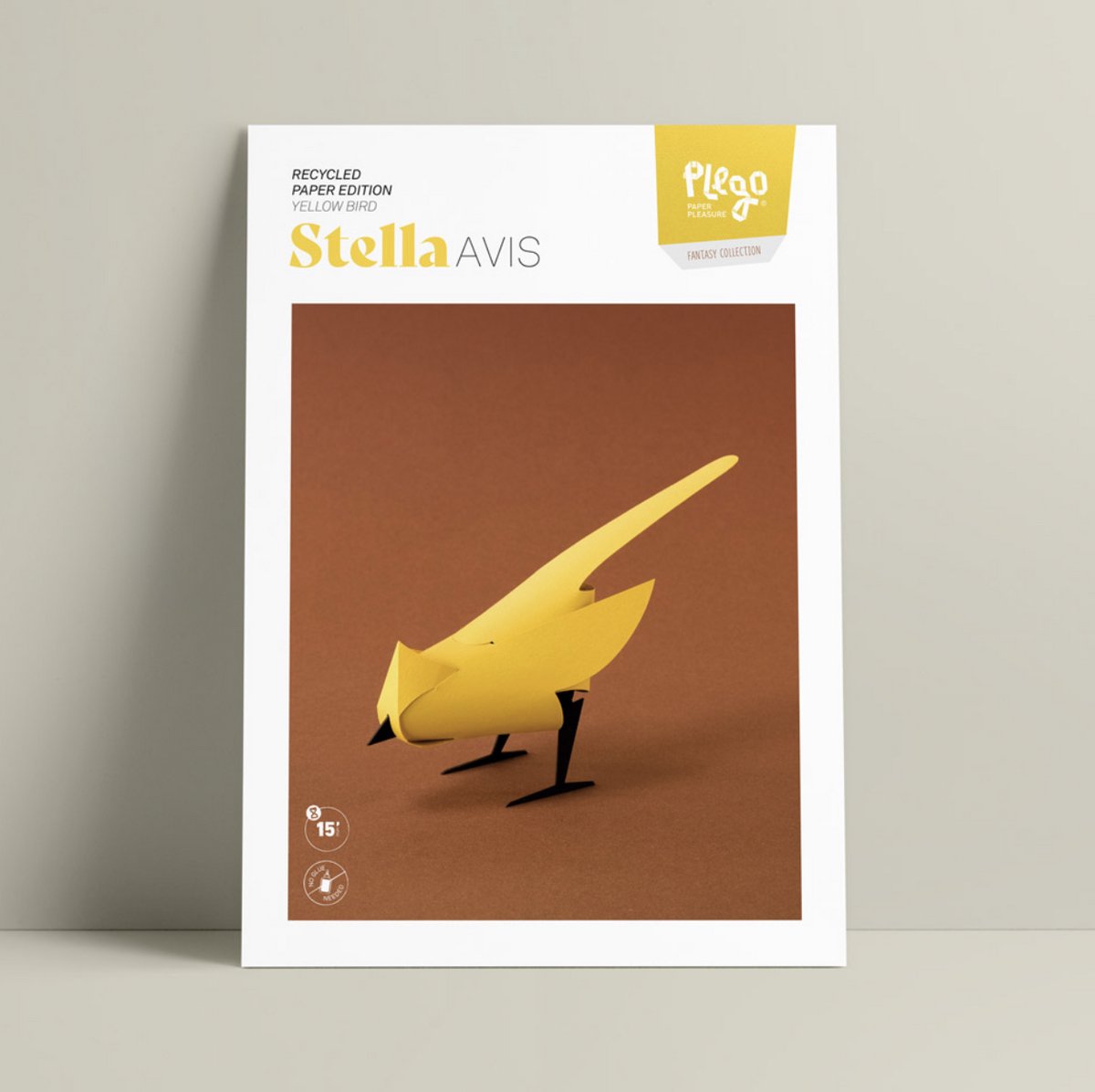 Plego 3D Design Papieren Figuur Fantasy Collection “STELLA AVIS” Editie Gele Vogel | Papierdecoratie voor kinderen en volwassenen - DIY-knutselpakket | Gerecycled papier | Skill: