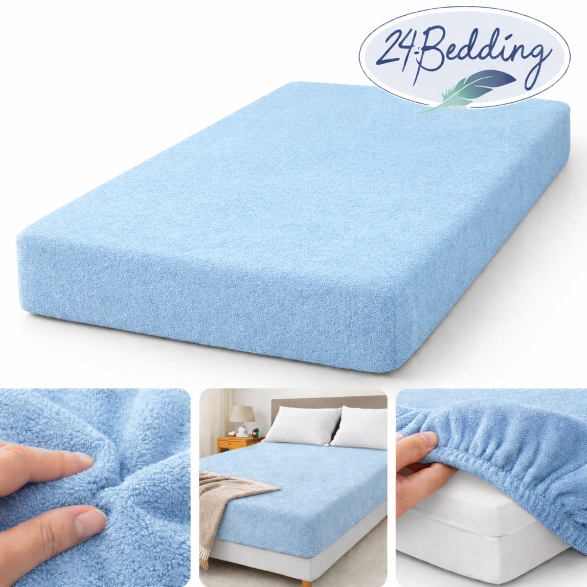 24-Bedding - 2 stuks !! - Badstof Hoeslaken - Extra Zwaar - 180 gr/m2 - 90x220 cm - licht Blauw - 30 cm
