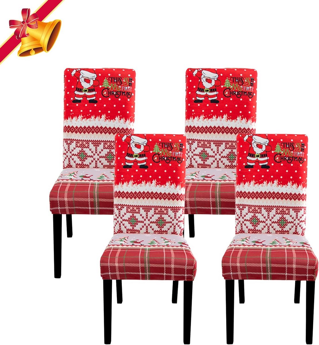 4x Universele Elastische Stoelhoezen Kerstdecoratie – Wasbaar en Duurzaam voor Eetkamerstoelen