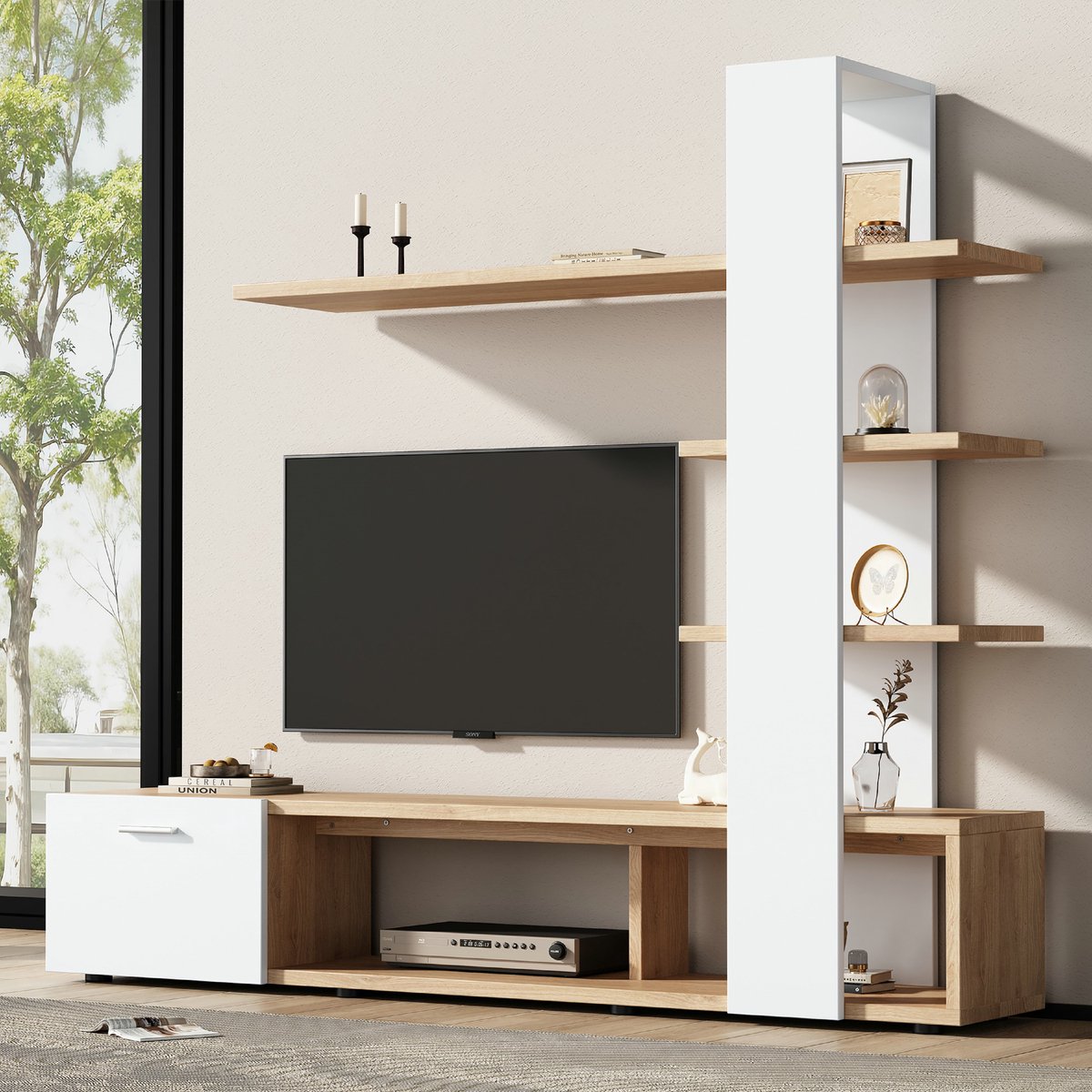 VVBV TV Lowboard 180x33.5x151.5 cm met Meubelset, Voor Woonkamer - Wit/Eiken