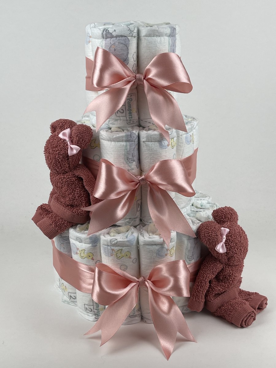 Chouette-Chouette | Luiertaart Meisje | Kraamcadeau | Geboorte Meisje | Babyshower | Beren Koper - donker Poeder Roze