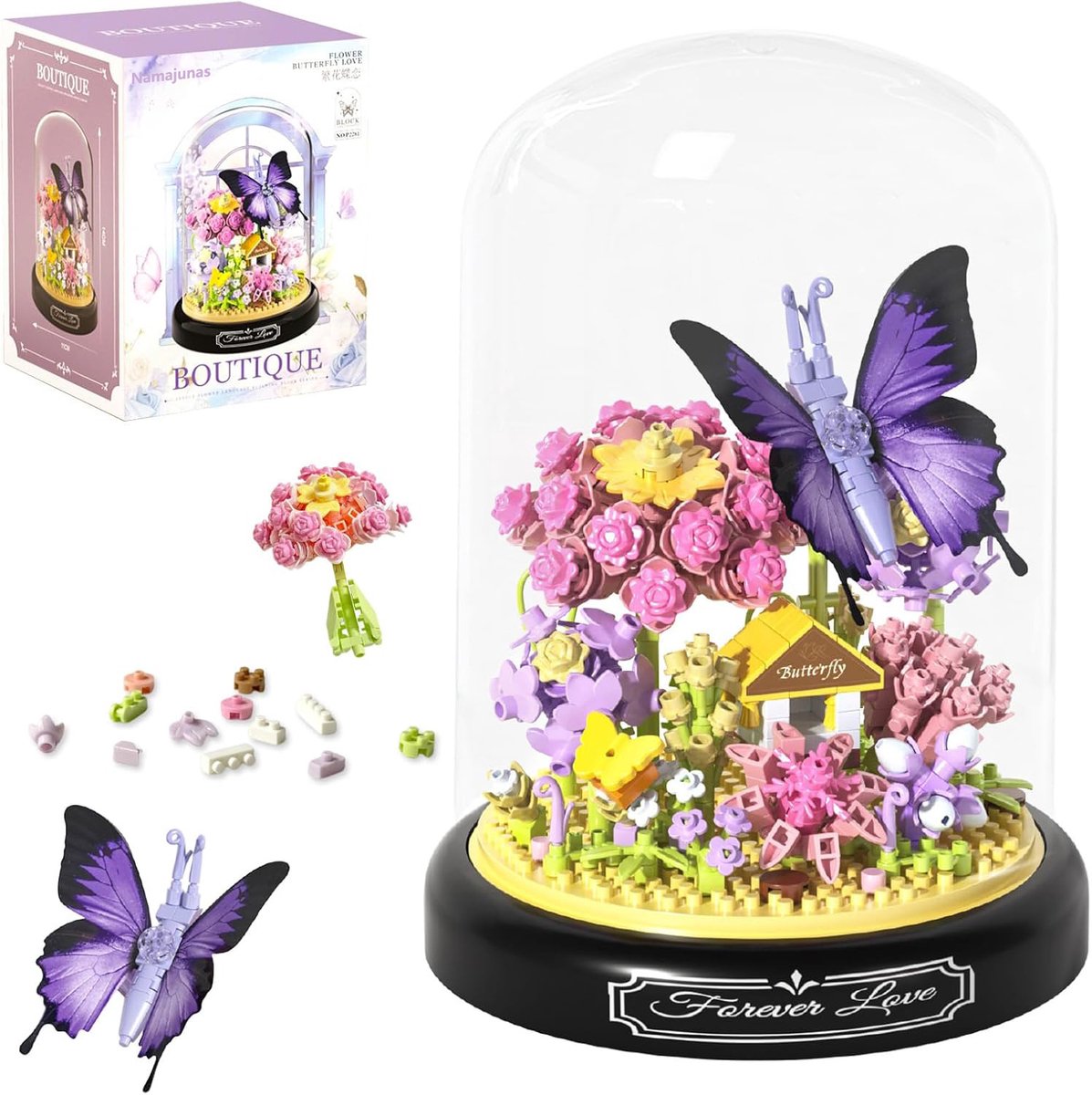 Namajunas - Mini Kunstbloemen Boeket - Bloemenboeket in Stolp - Bouwsets Volwassenen - Botanical Flowers Collection - Botanical Bloemen - Bouwsets - Niet geschikt voor LEGO - Volbloeiende Vlinderliefde - Decoratie voor Huis, Pasen, Moederdag