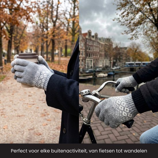 Collage: linkerhelft grijze handschoenen met Noors patroon bij koffie, rechterhelft bij fietsen.