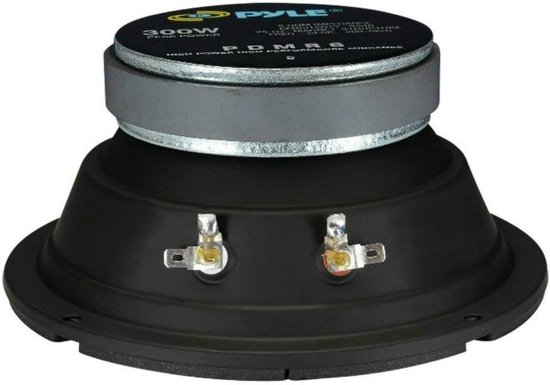 Detail van de achterkant van een Pyle PDMR6 speaker met aansluitpunten en specificaties.