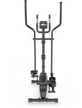 Zwarte crosstrainer met handgrepen en een digitaal display.
