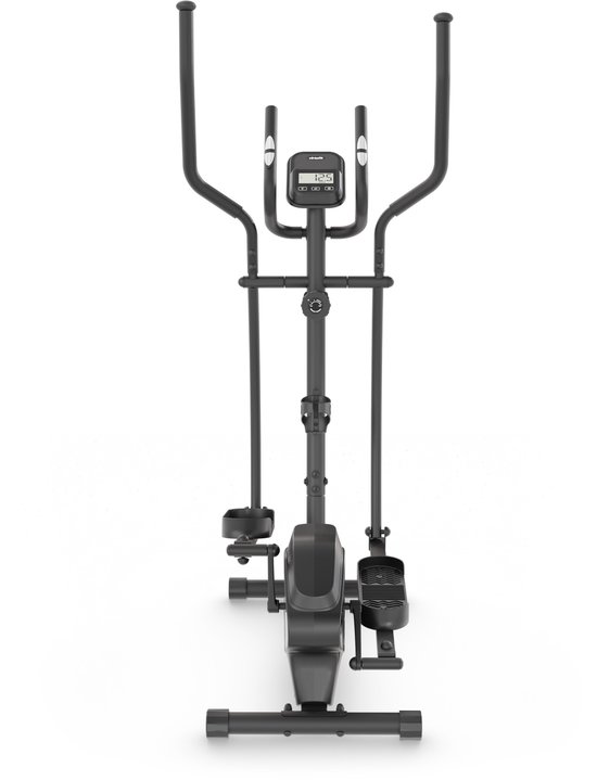 Zwarte crosstrainer met handgrepen en een digitaal display.