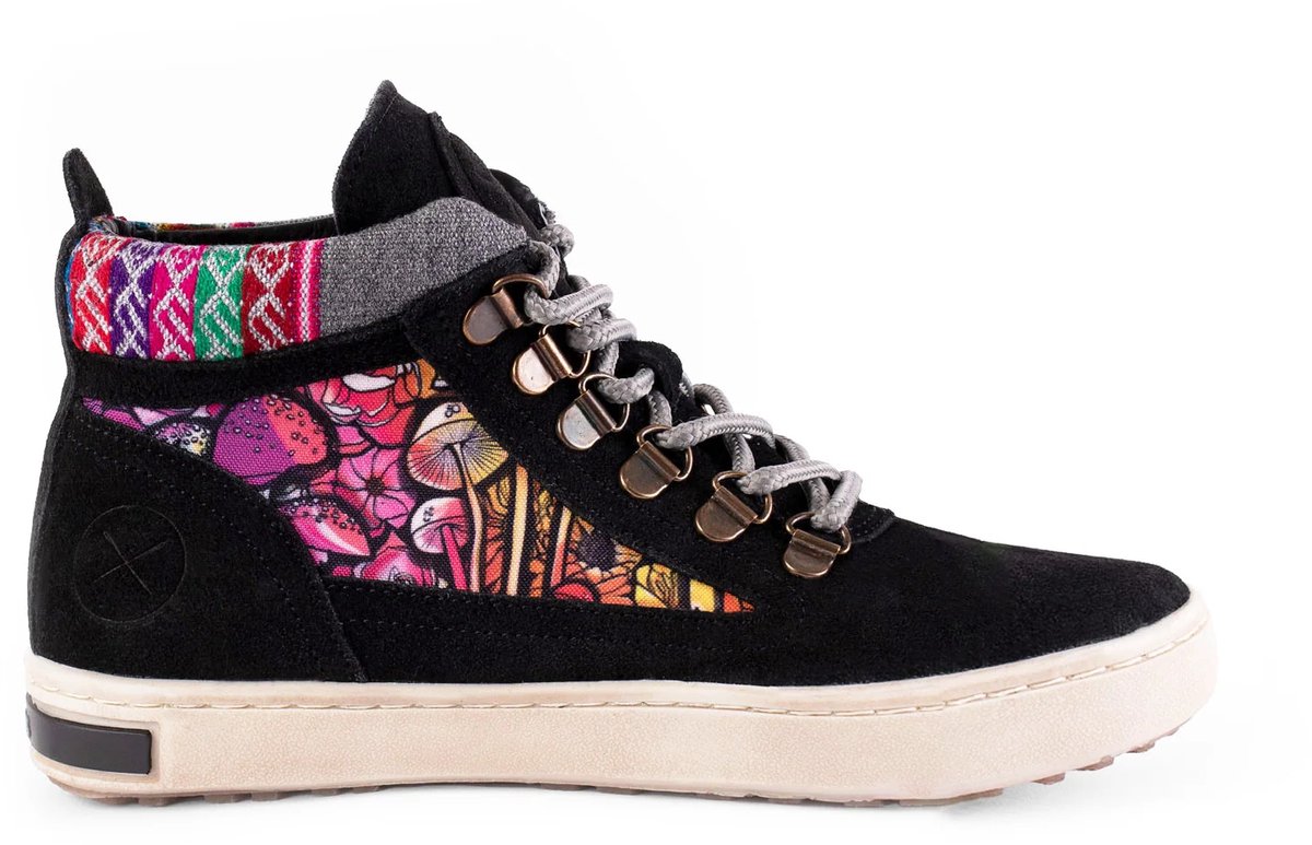 Inkkas Chanterelle Camping Boot dames wandelschoen – zwarte suède hiking boot met paddenstoelenprint – leren voering – robuuste & duurzame profielzool Multiprint