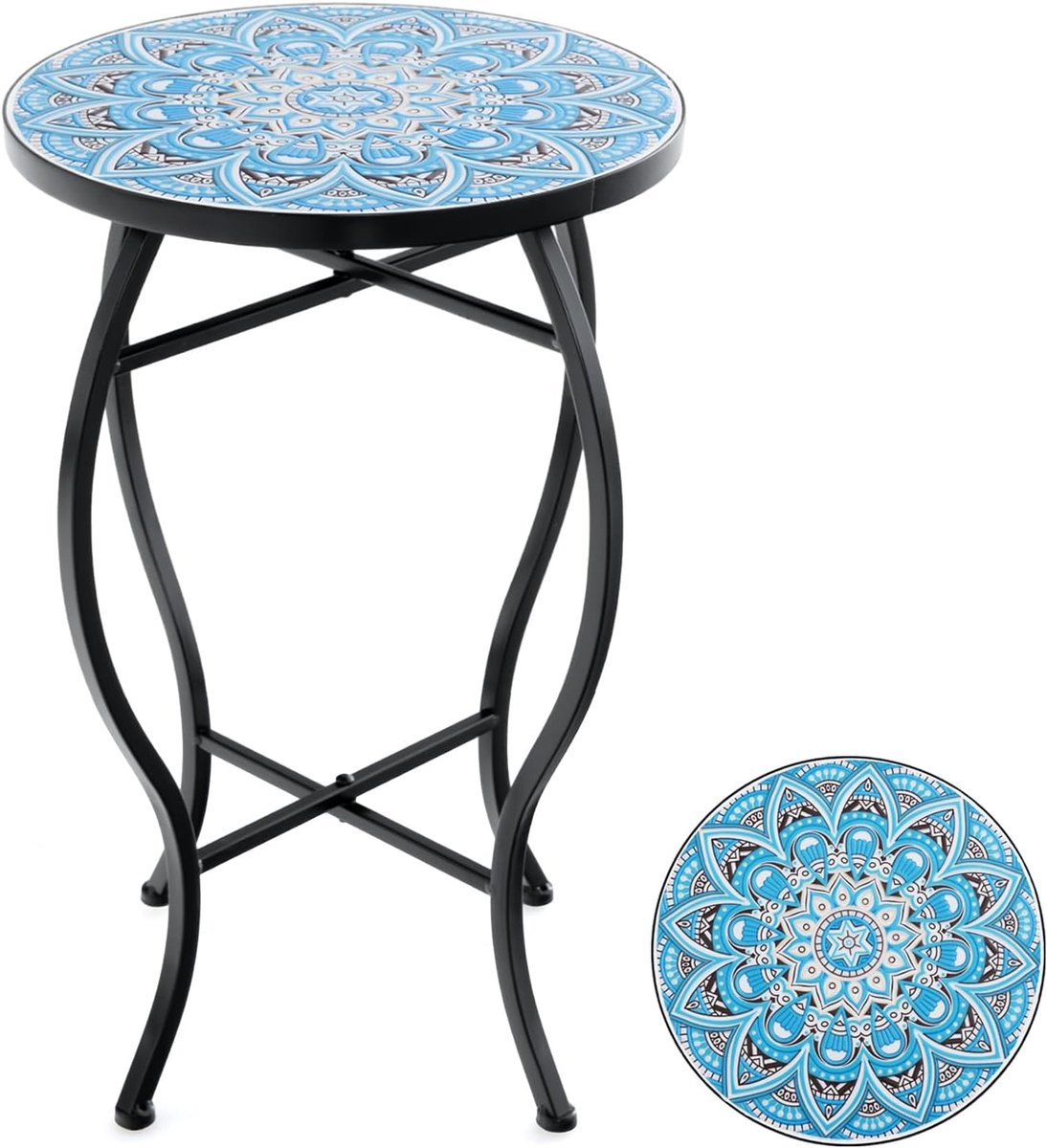 KOMFOTTEU Mozaïek bijzettafel, Ø 35 cm ronde tuintafel met metalen frame, bloemenrek met mozaïekplaat, retro mozaïektafel voor balkon en terras