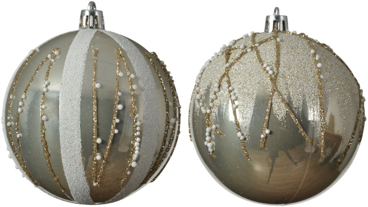 KAEMING B.V. - 4 Kerstballen Glitter Wit en Goud 8 cm Chic en Parel