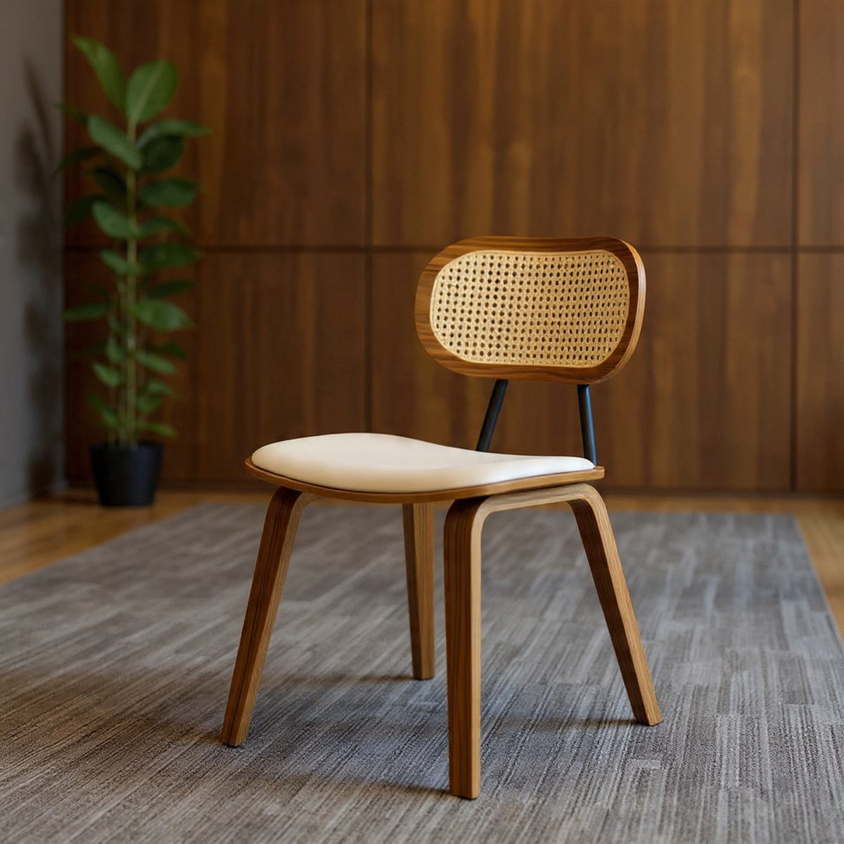 Chairus Eetkamerstoelen 2-delige set PU-leren keukenstoelen met rotan rugleuning, houten accentstoelen voor eetkamer, woonkamer en keuken (beige) - Casa Serena – Afmetingen op aanvraag – Casa Dorada