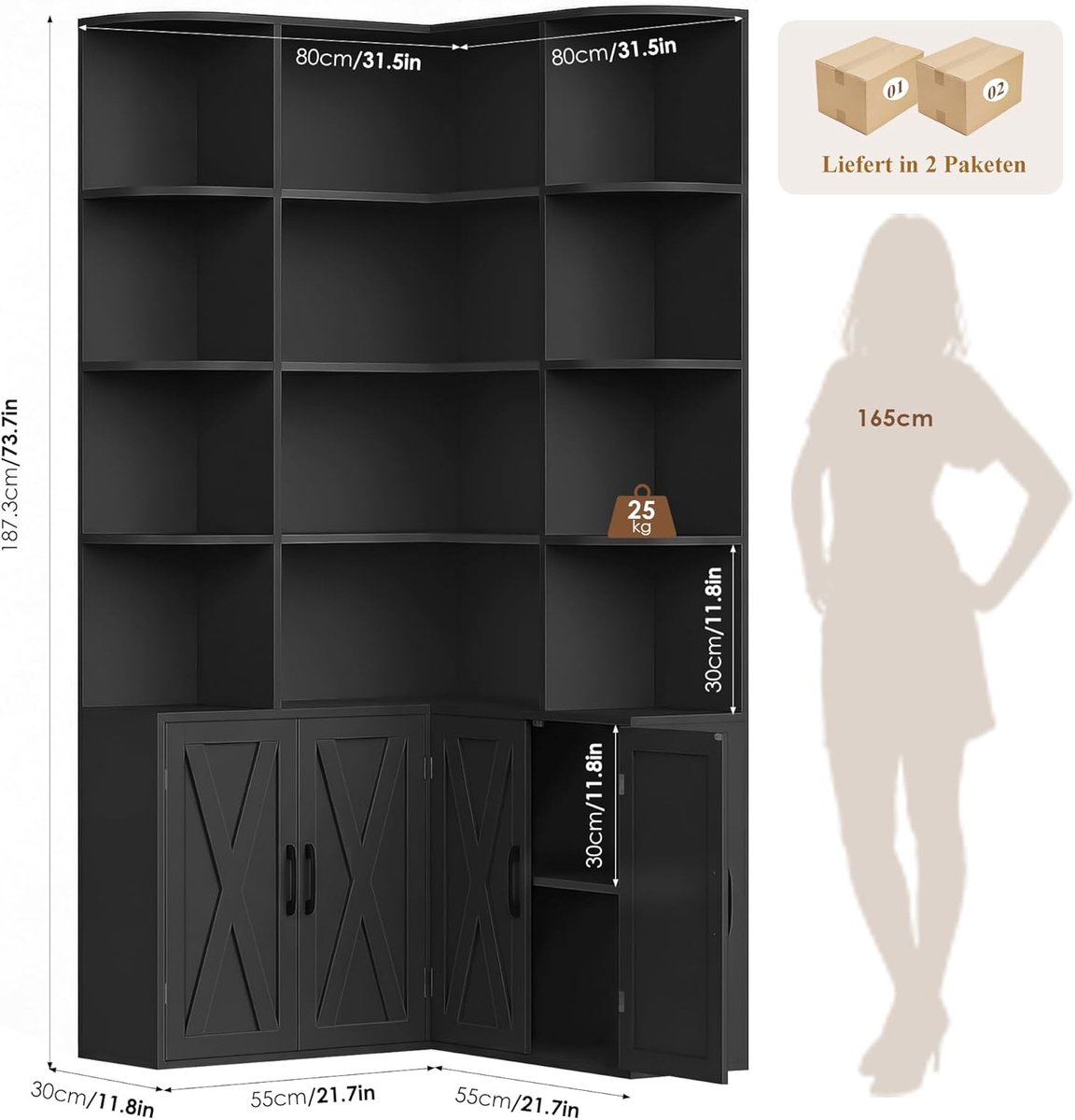 Hoekboekenkast met Deuren – Casa Velluto Nero Corner 187 cm L-Vormige Boekenkast met 12 Vakken en 4 Deuren – Hoge Hoekkast / Vitrinekast voor Woonkamer, Kantoor en Keuken – 80 x 80 x 187 cm – Zwart