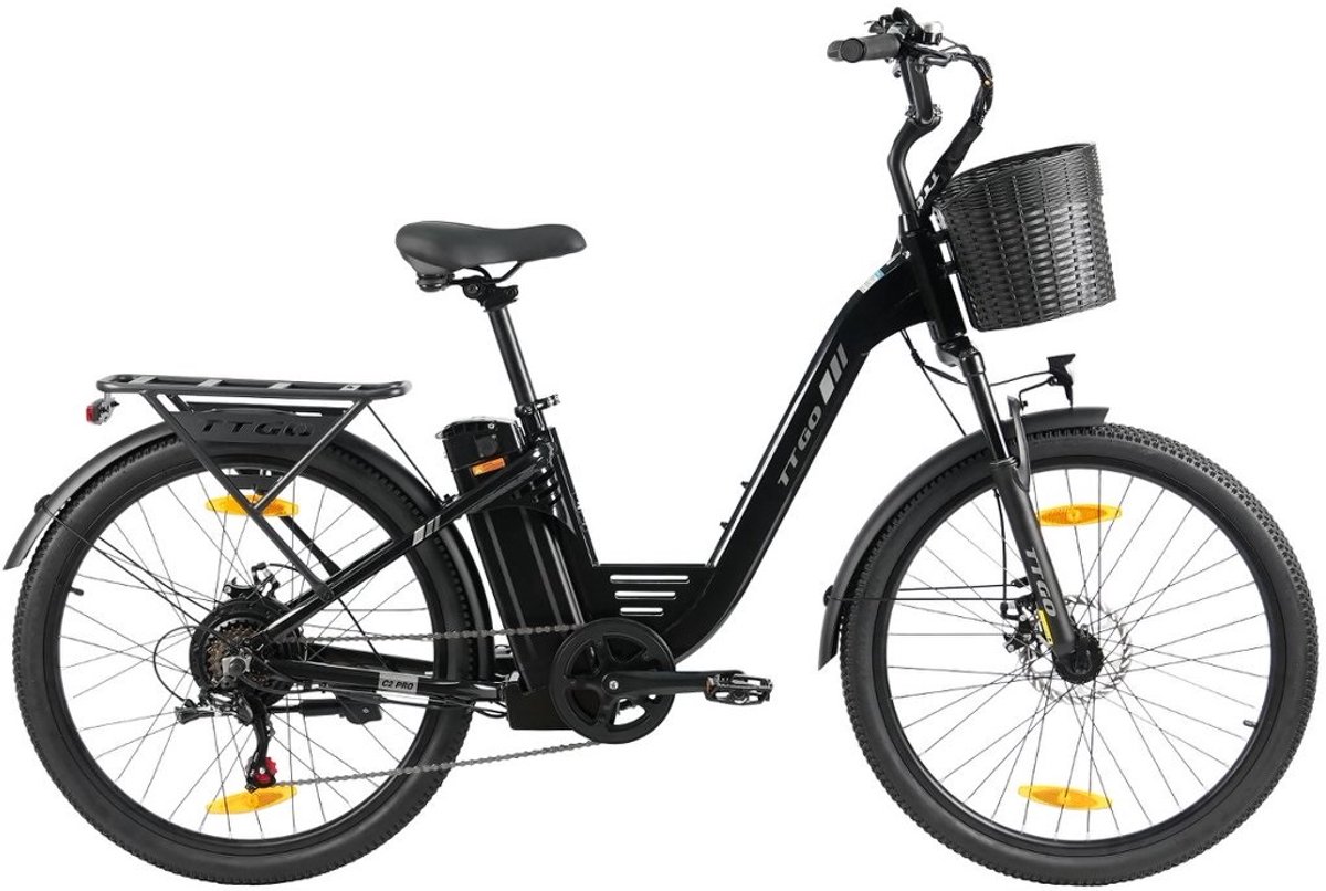 26-inch Elektrische Fiets - Motor 250W - 36 V 18 Ah accu - elektrische stadsfiets en e-Dutch bike met - Aluminium frame - maximaal bereik 120 km - Shimano 7 versnellingen - LCD-display -Waterdicht -Zwart
