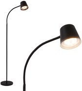 Zwarte vloerlamp met verstelbare hals en kap, close-up van de kap met licht.