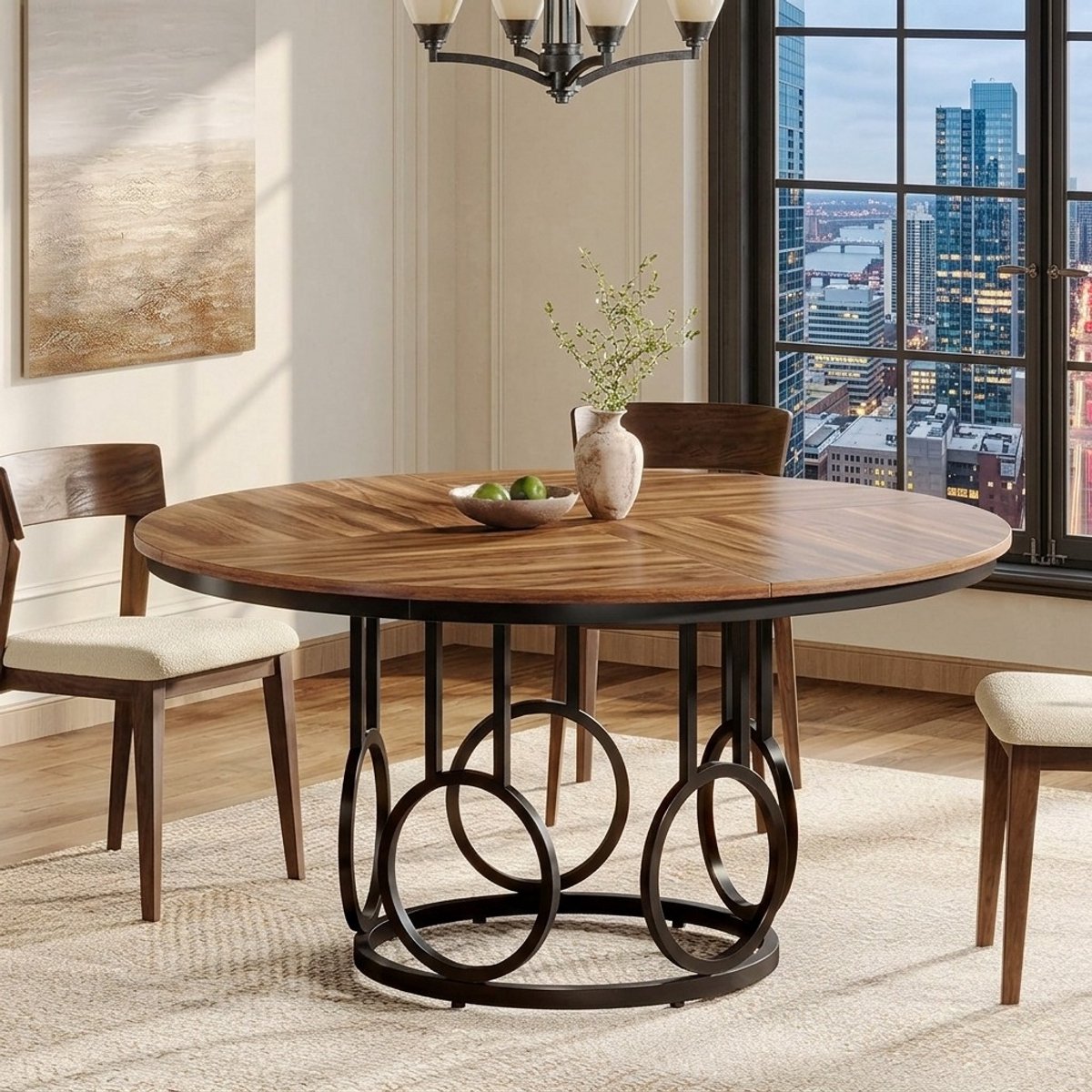 Ronde eettafel 80 cm Industrieel - Donker Houtlook Tafelblad met Zwarte Spinpool - Compacte keukentafel voor 2-4 personen - Casa Serena – 80 cm – Casa Dorada