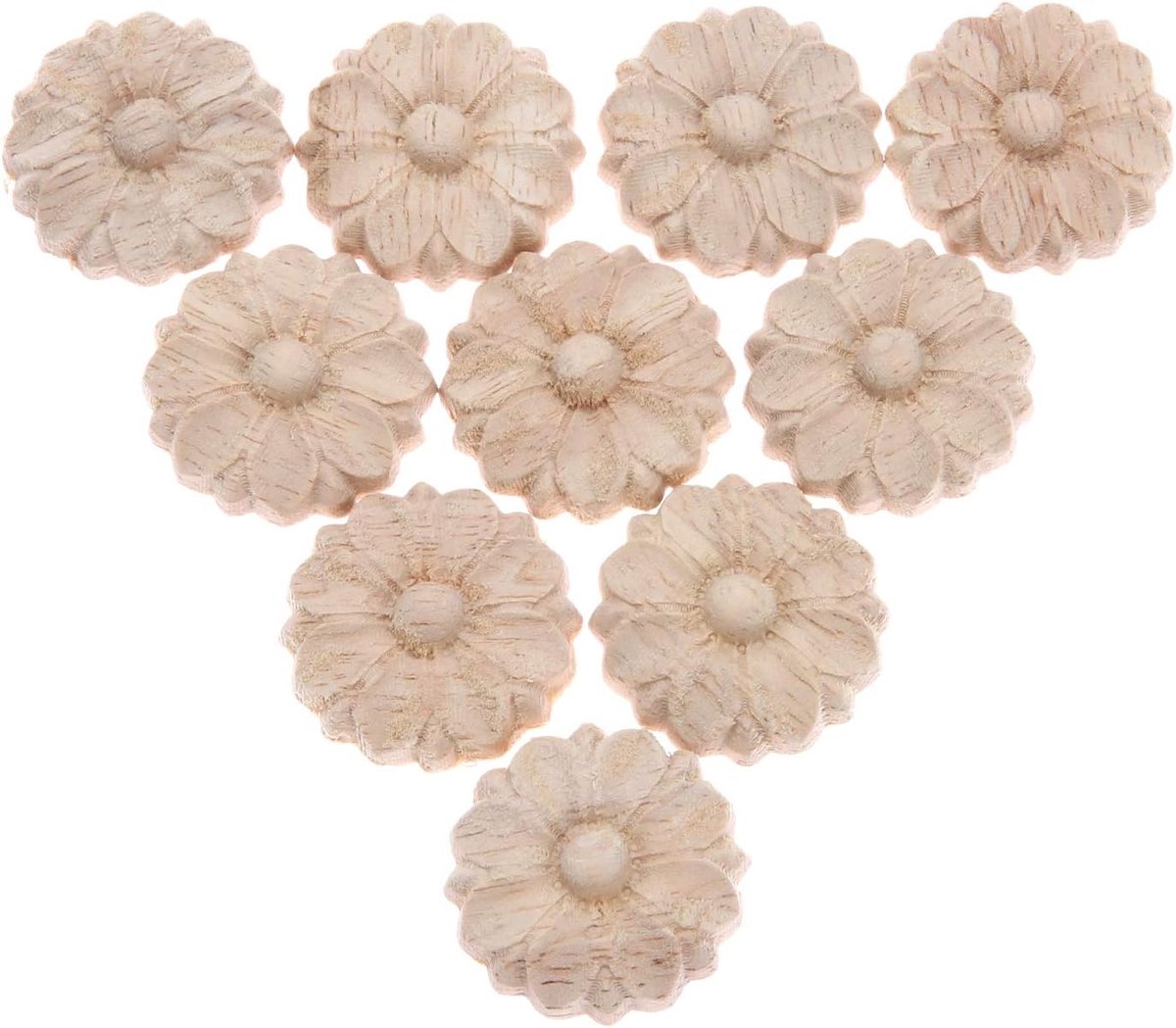 Daity Set van 10 houten rozenstickers - onbeschilderde ronde - uitgesneden bloemstickers - geschikt voor het decoreren van meubels zoals kastdeuren - kledingkasten - kaptafels - bedden - muren - kerkbanken - kasten - enz. (5 cm in diameter).