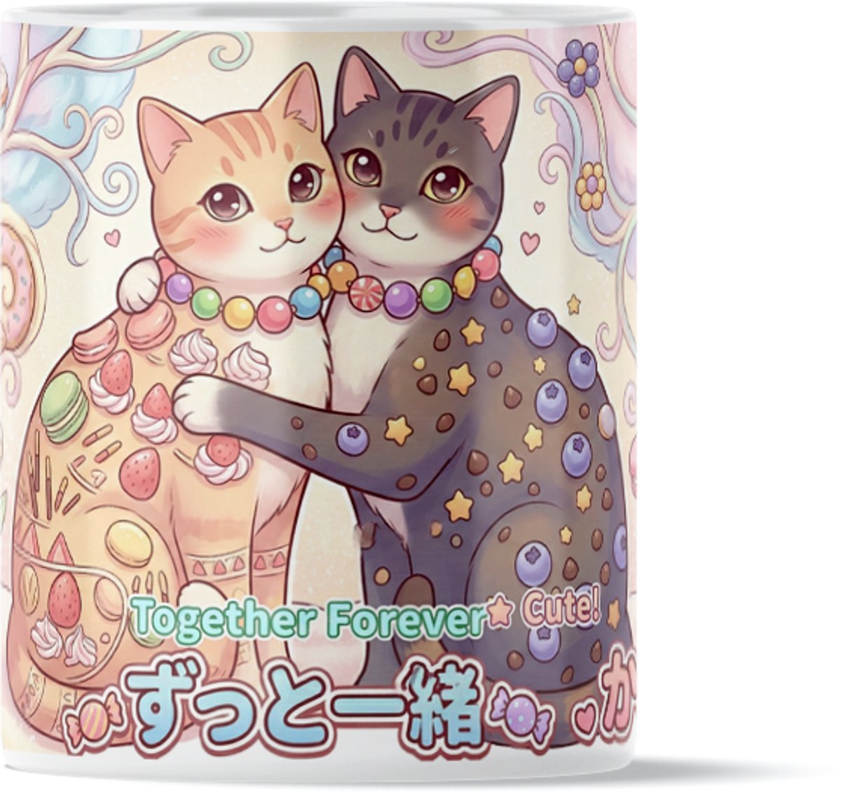 Kawaii Sweet Candy Cats Snoep Katten & Macarons Koffiemok Theebeker - Zoete Poezen Vriendschap Design voor op Kantoor & Thuis Werkplek - Cadeau voor haar: Vrouw, Vriendin of Collega - Dierenliefhebber Bureau Accessoire - Pastelkleuren