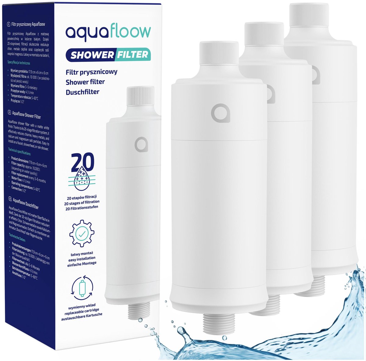 Aquafloow Set 3 Douchefilters – 20-laags waterfilter voor douchekop – verwijdert zware metalen, chloor en voorkomt kalkaanslag – verbetert de waterkwaliteit – Matwit