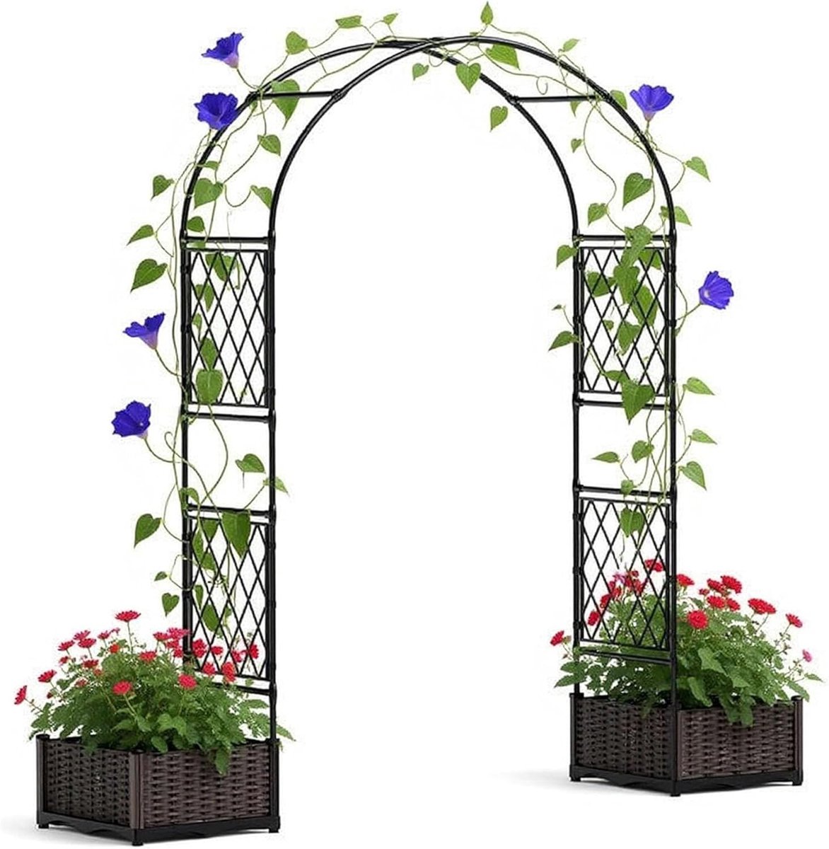 Tuinboog met 2 Bloembakken - 220 cm Hoog - Metaal met PE-Coating - Rozenboog voor Klimplanten - Weerbestendig - Zwart